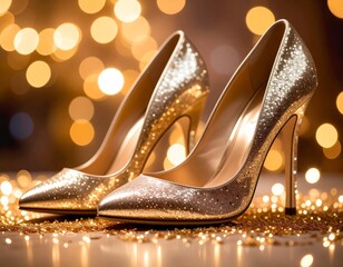 Elegant gold glitter high heels with festive bokeh lights