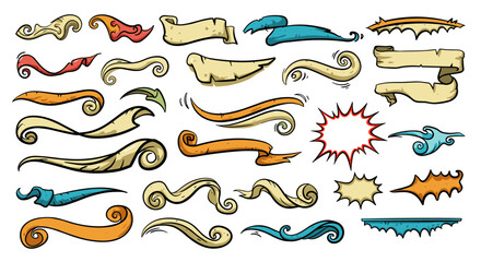 Colorful cartoon comic style decorative scrolls and speech bubbles