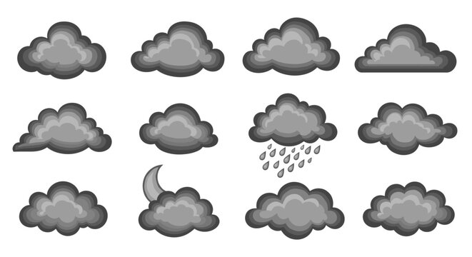 Set of weather cloud icons in flat gray style with raindrop details