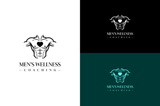 illustration of muscular upper body male torso with heart, vector logo for bodybuilding, weightlifting, gym, men's support, male therapy, emotional health, men's wellness coaching, and more