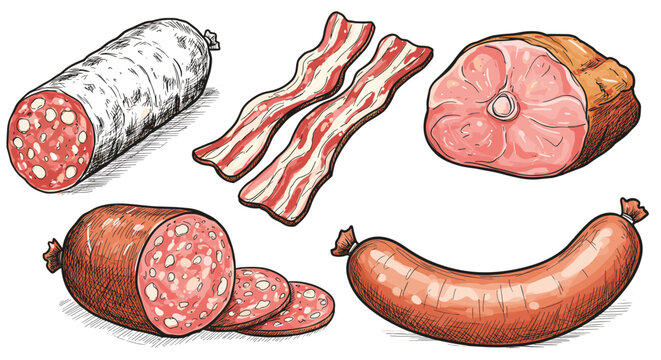 Assorted meats: bacon, ham, salami, and sausage in detailed drawing