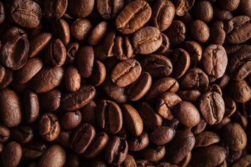 coffee beans on the table close-up, macro photography