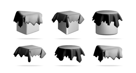 Hidden objects under cloth. Mystery shapes covered by fabric. Secret concept with copy space for design. Isolated 3d vector illustration series.