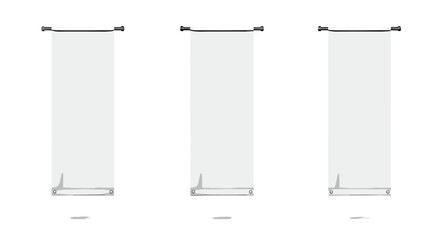 Minimalist white blank roll up banners on display stands set against white background