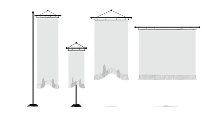 Elegant blank fabric banners on stands with fringe detail