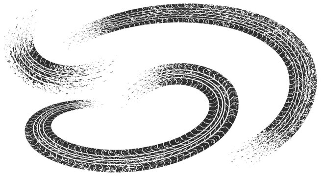 Grunge tire track curves with dynamic skid marks in black and white