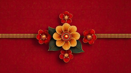 Elegant Raksha Bandhan background showcases ornate floral motifs on a rich, textured red backdrop.