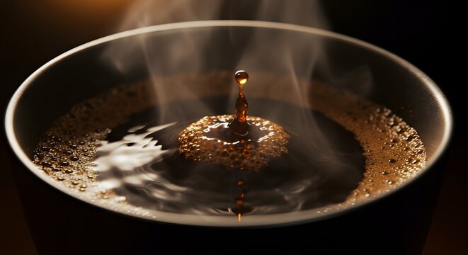A single drop of dark liquid falls into a cup of hot coffee, creating ripples and releasing steam.