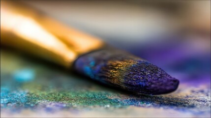 Close-up of a paintbrush tip covered in vibrant hues.