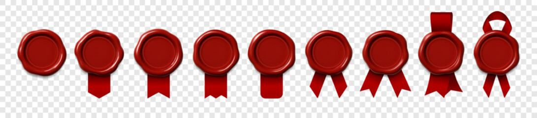 Set of Red Wax Seals with Ribbons – Realistic Stamp Badges on Transparent Background