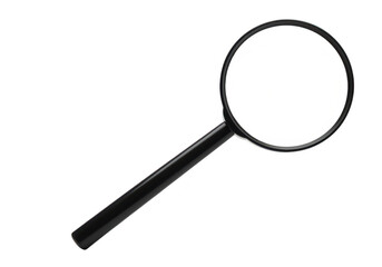A black handled magnifying glass with a large lens is isolated on a plain transparent background