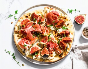 Gourmet flatbread pizza topped with fresh figs, prosciutto, creamy cheese, and aromatic herbs on a white marble surface