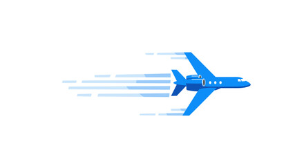 Sleek blue jet flying fast against clean white background
