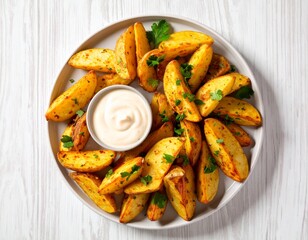 Golden roasted potato wedges garnished with fresh herbs served with creamy dipping sauce on a white plate