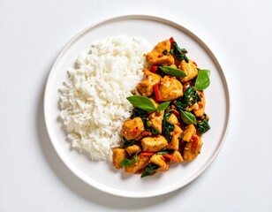 Freshly cooked chicken stir-fry with vibrant vegetables served with white rice on a white plate, showcasing healthy cuisine, colorful ingredients, and appetizing presentation