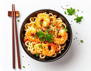 Asian Shrimp and Noodle Stir-Fry in a Black Bowl with Vegetables Garnished with Cilantro and Sesame Seeds