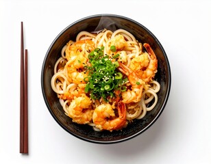 Delicious Asian Shrimp and Noodle Soup with Fresh Green Onions and Toasted Tempura Shrimp in Black Bowl on White Background