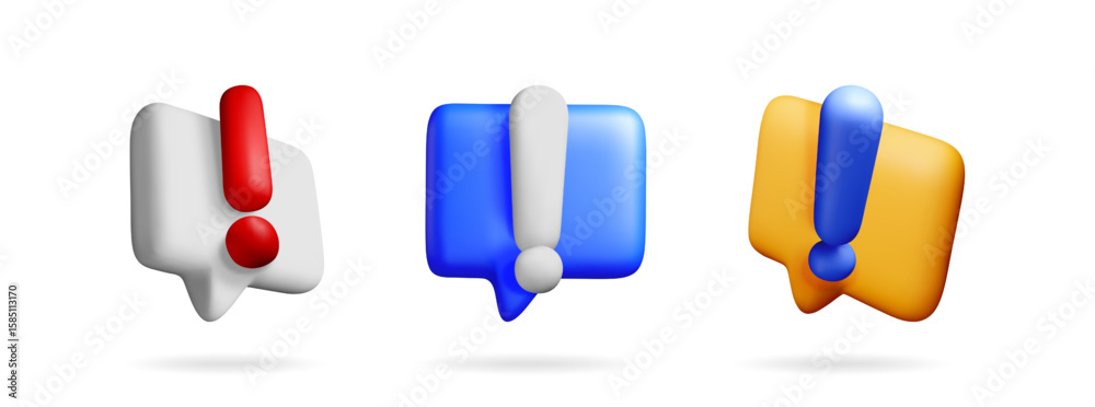 Poster set of 3d chat bubble with exclamation mark. important notification message or warning sign concept 