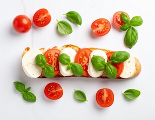 Fresh Italian bruschetta with ripe cherry tomatoes mozzarella cheese and basil leaves on a white background