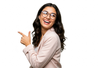 A happy businesswoman in glasses points to the side with a smile, isolated on a transparent background