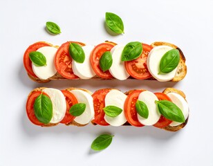 Fresh Italian Bruschetta with Tomato, Mozzarella and Basil on Toasted Bread White Background