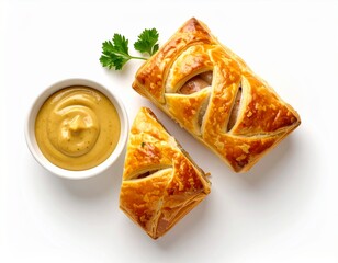 Golden baked sausage rolls with flaky crust served with mustard sauce and fresh parsley on a white background