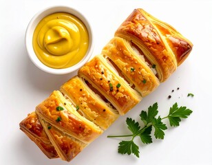 Golden puff pastry slices topped with herbs and black pepper served with a side of smooth mustard sauce on white background, close-up of savory baked appetizer with fresh parsley