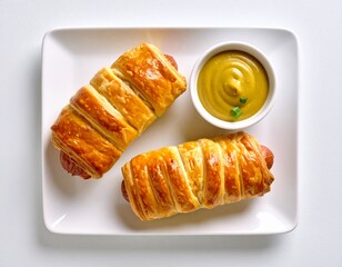 Freshly baked sausage rolls with golden flaky pastry served on a white rectangular plate accompanied by a small bowl of mustard sauce with green herb garnish, modern food presentation