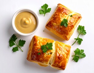 Two savory pastry items with flaky golden crusts garnished with fresh parsley, served alongside a small bowl of creamy mustard sauce on a clean white background