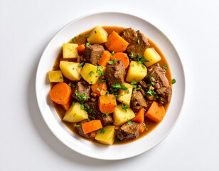 Hearty beef stew with chunky potatoes carrots herbs and tender beef bites served in a white bowl on a clean white surface