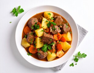 Hearty Beef Stew with Potatoes Carrots and Fresh Herbs in a White Bowl on White Background