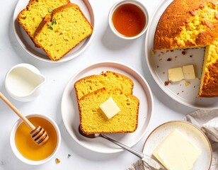 Delicious homemade vanilla cake slices with butter, honey, and dairy products on plates with a baked cake and honey drizzler, served with tea or coffee, close-up of baked goods and condiments