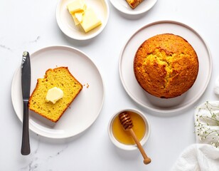 Freshly baked golden loaf cake with butter on a white marble surface, accompanied by honey, butter cubes, and a small piece of cake on a white plate