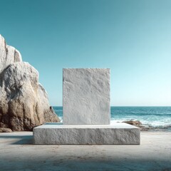 Ultra quality image of rock podium against ocean backdrop, product display, minimalist style, marketing asset, serene scene, blue sky, promotional background, stone texture, outdoor.