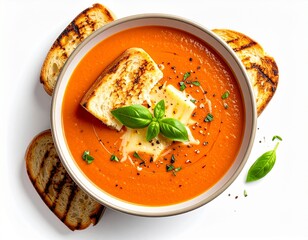 Bowl of creamy tomato soup garnished with fresh basil, black pepper, melted cheese, served with toasted bread slices on a white background