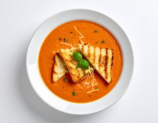 Bowl of vibrant tomato soup garnished with grilled cheese triangles fresh basil and shredded cheese on a white background