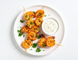 Plate of grilled shrimp skewers garnished with fresh herbs and served with creamy dipping sauce on a white ceramic dish, appealing seafood appetizer with vibrant colors and textures