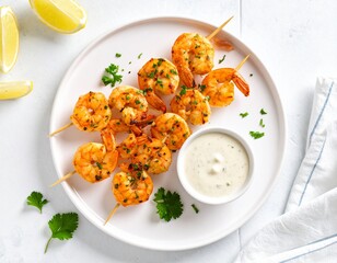 Grilled Shrimp Skewers with Fresh Parsley Garnish and Creamy Dipping Sauce on White Plate, Lemon Wedges on Side, Bright and Delicious Seafood Dish for Appetizer or Main Course