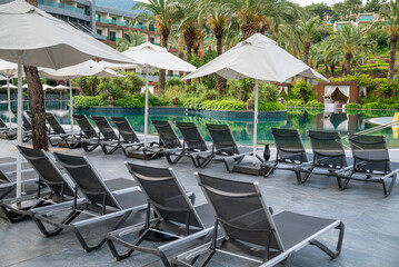 Empty Sunbeds and Umbrellas in a Raw in a Pool Area 