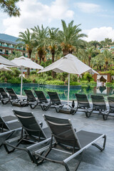 Empty Sunbeds and Umbrellas in a Raw in a Pool Area 