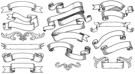 Vintage banner collection with decorative ribbons and flourishes