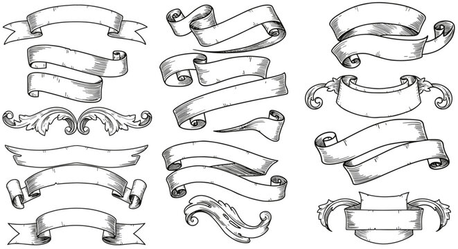 Vintage hand-drawn banners and decorative scrolls collection