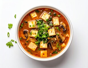 Hot and spicy tofu mushroom soup with green onions and fresh cilantro in a white bowl on a white background