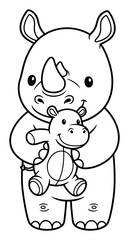 Cartoon Outline of a Rhinoceros Holding a Hippopotamus Stuffed Animal