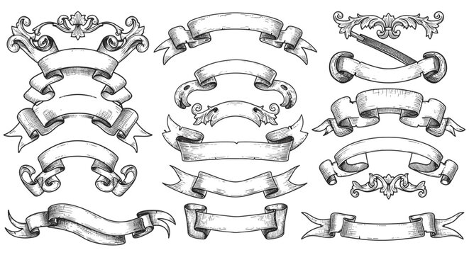 Vintage ribbon banners with ornamental design elements in hand-drawn style
