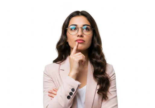 A pensive businesswoman in glasses touches her chin thoughtfully, arms crossed, isolated on a transparent background