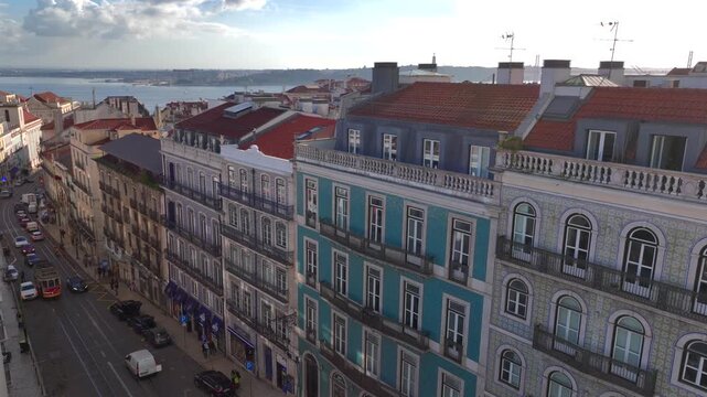 Azulejo Fascades in Lisbon. Aerial view of an Old Portuguese House decorated with Ceramic Tiles - Traditional Azulejo
