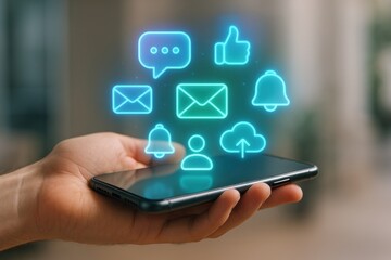 Smartphone Social Media Notifications: A hand gently cradles a smartphone, above which vibrant glowing icons of social media notifications&mdash;messages, likes.