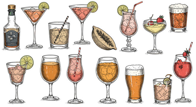 Unique hand-drawn cocktail selection with detailed drink illustrations