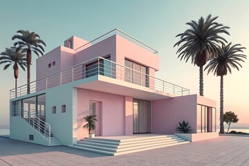 Fototapeta premium Modern pink villa with palm trees and ocean view modern villa pink architecture